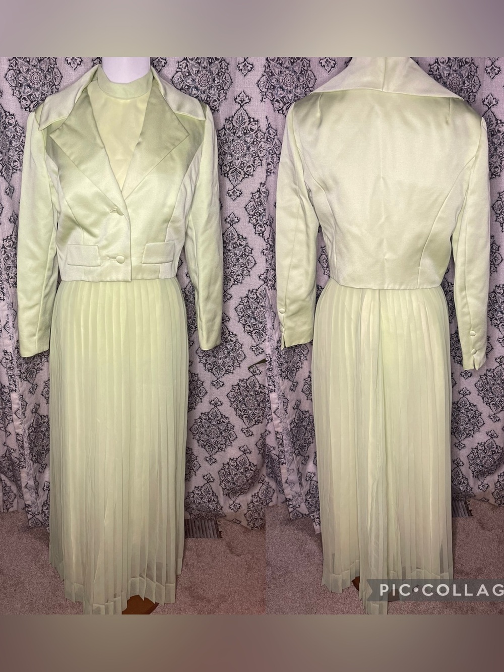 Vintage Jack Bryan Light Green Long Sleeve Pleated Dress with Cropped Jacket